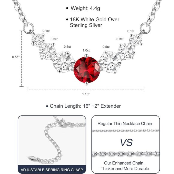 Women's Moissanite Birthstone Pendant Sterling Silver Gold Plating Red Necklace - Picture 3 of 6